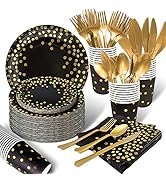 AIRE 175PCS Black and Gold Paper Plates Party Supplies for 25 Guests Disposable Party Decorations...