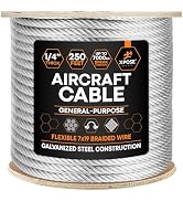 Xpose Safety 1/4" Galvanized Steel Aircraft Cable Wire – 250 ft Reel, 7x19 Strand, 7,000 lb Break...