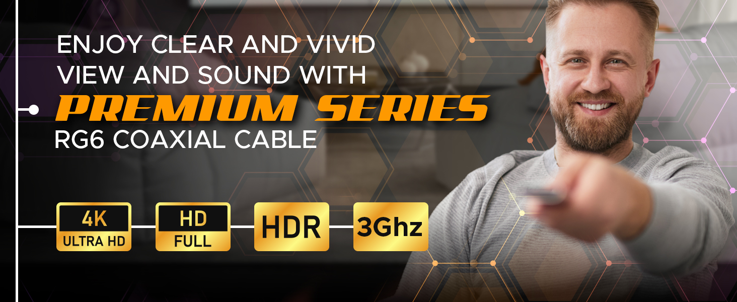a satisfied smiling man watching tv with support of f-type coaxial cable for internet satelite tv