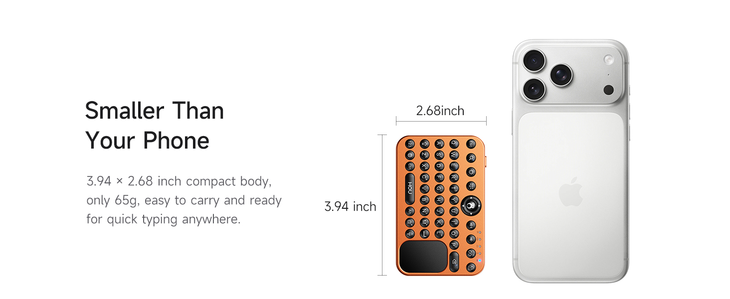 Mini keyboard size comparison with smartphone, dimension and weight display