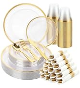 cheerserve 350pcs Plastic Dinnerware Set,Clear and Gold Disposable Plastic Plates for 50 Guests I...