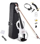 AW 4/4 Electric Violin Full Size Wood Silent Fiddle Stringed Instrument Bow | Headphone Case White