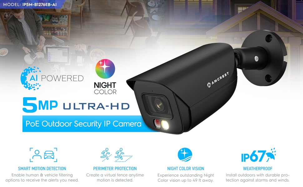AI 5MP UHD PoE Camera night vision, 129 wide view angle 5MP resolution ip67 weatherproof