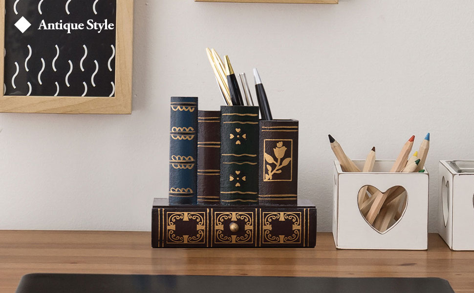 Desk Organizer Caddy, Pencil and Pen Holder with Bottom Storage Drawer,Antique Library Books Design
