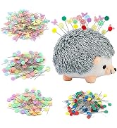 Fteven 400 Pieces Flat Head Straight Pins Hedgehog Pincushion Kit, Cute Pincushion with Clear Sto...