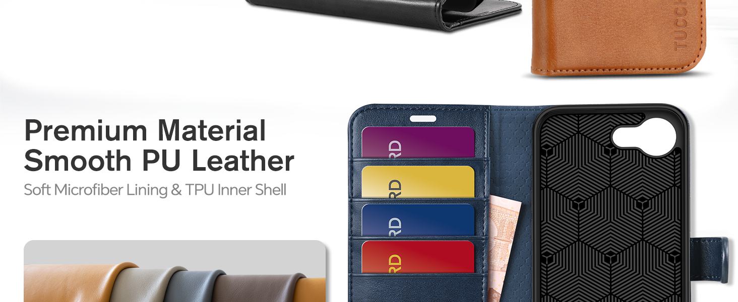 Phone wallet case displaying multiple card slots in various colors, featuring smooth PU leather construction with a textured protective back cover.
