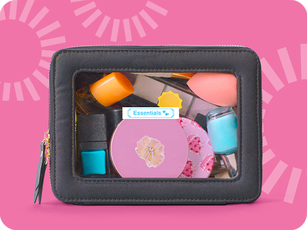 Travel bag with P-touch Btag label reading "Essentials" with heart symbol and decorative frame