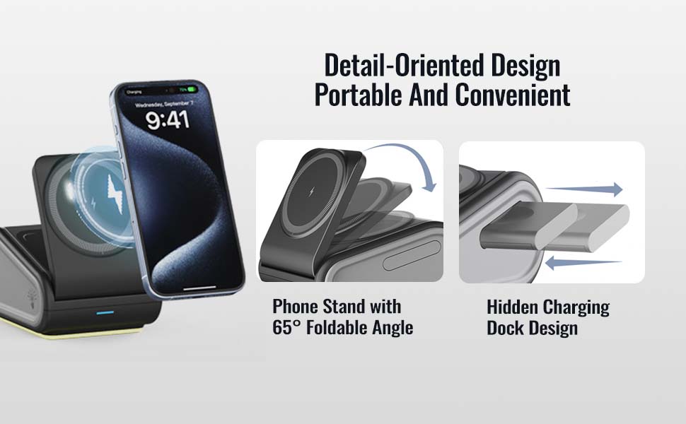 Gift-worthy wireless charging dock Travel-friendly foldable charger" "Dual-coil bedside charging