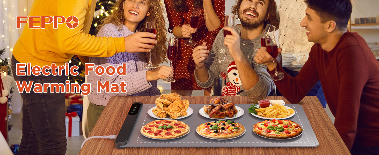FEPPO Electric Food Warming Mat showcasing six heated plates of food. Gray rectangular mat on wooden table with people gathered around, demonstrating its use during a social gathering.