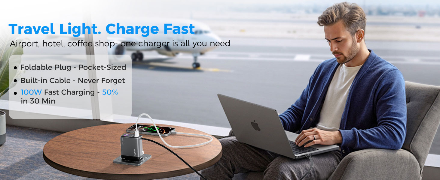 Travel Light. Charge Fast.Airport, hotel, coffee shop-one charger is all you need