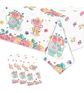 3PCS Teapot Party Floral Tablecloth-108x54Inch Floral Plastic Rectangular Table Covers Flower Tab...