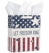 LeZakaa 13" Patriotic Gift Bag with Tissue Paper, Let Freedom Ring American Flag Gift Bag for 4th...