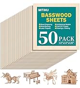 MITINU 50 Pack Basswood Sheets for Crafts,12"x12"x1/8" 3mm Thick Plywood Sheets with Smooth Surfa...