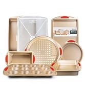 Baking Pan 8 Piece Set Nonstick Gold Carbon Steel Oven Bakeware Kitchen Set with Silicone Handles