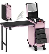EASYINBEAUTY Rolling Portable Manicure Table with 3 Drawers, Mirror & Nail Polish Organizer, Lock...