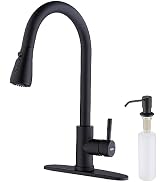 Keer Matte Black Single Handle Pull Down Kitchen Faucet with Soap Dispenser, 3 Modes Sprayer, Dee...