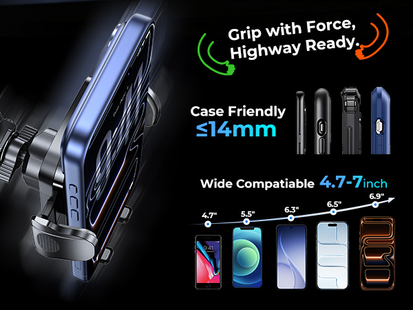 case-friendly design fits phones up to 7 inch with thick protective cover