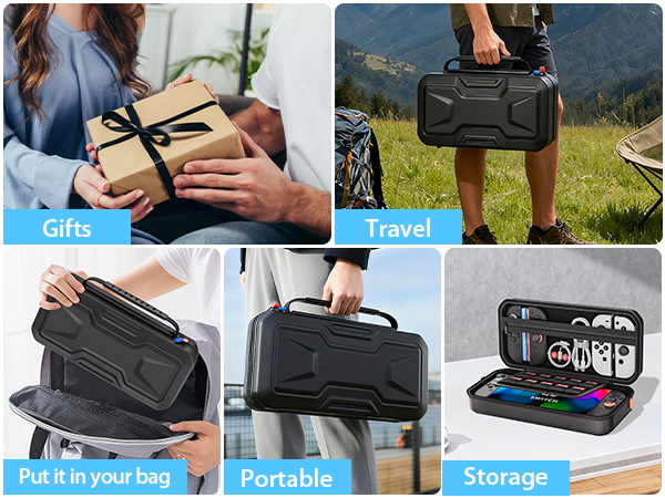 Text labels read 'Gifts', 'Travel', 'Put in staying bag', 'Portable', 'Storage'. Collage showing black camera case product in different usage scenarios.