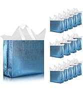 cabzymx 16 Pcs Glossy Blue Reusable Gift Bags, Metallic Bling Design Holiday Gift Bags with Handl...