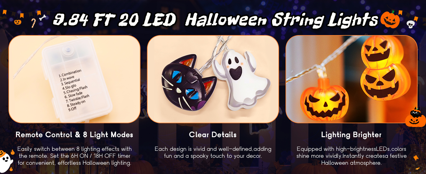 20 LED Halloween string lights with 8 modes and bright pumpkin ghost designs