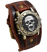 Avaner Vintage Punk Leather Watches: Retro Bronze Skull Wide Band Quartz Cuff Watches for Men