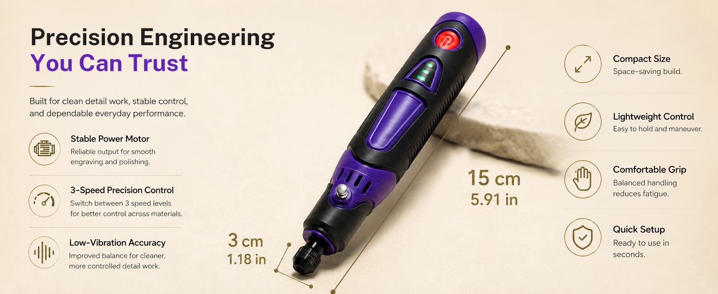 Compact 5.91" pen: 3-speed control for carving, sanding & drilling wood, resin & leather.