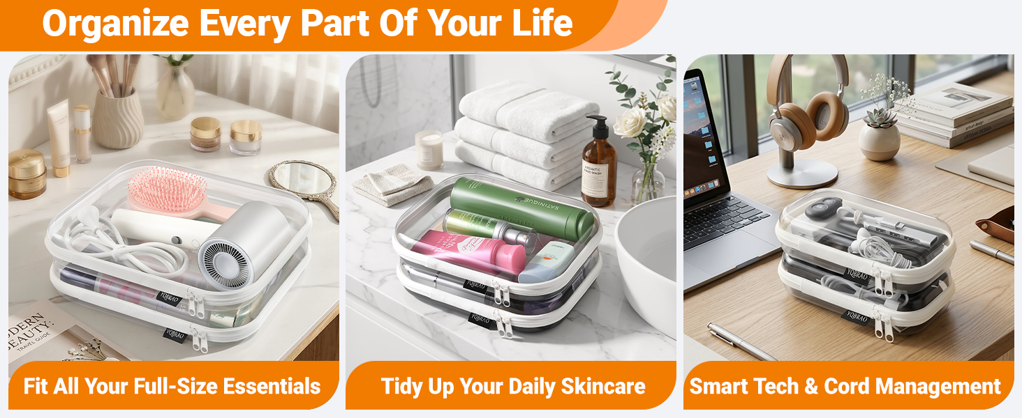 Multi-purpose clear organizers for home vanity, hair dryer storage, and tech cord management.