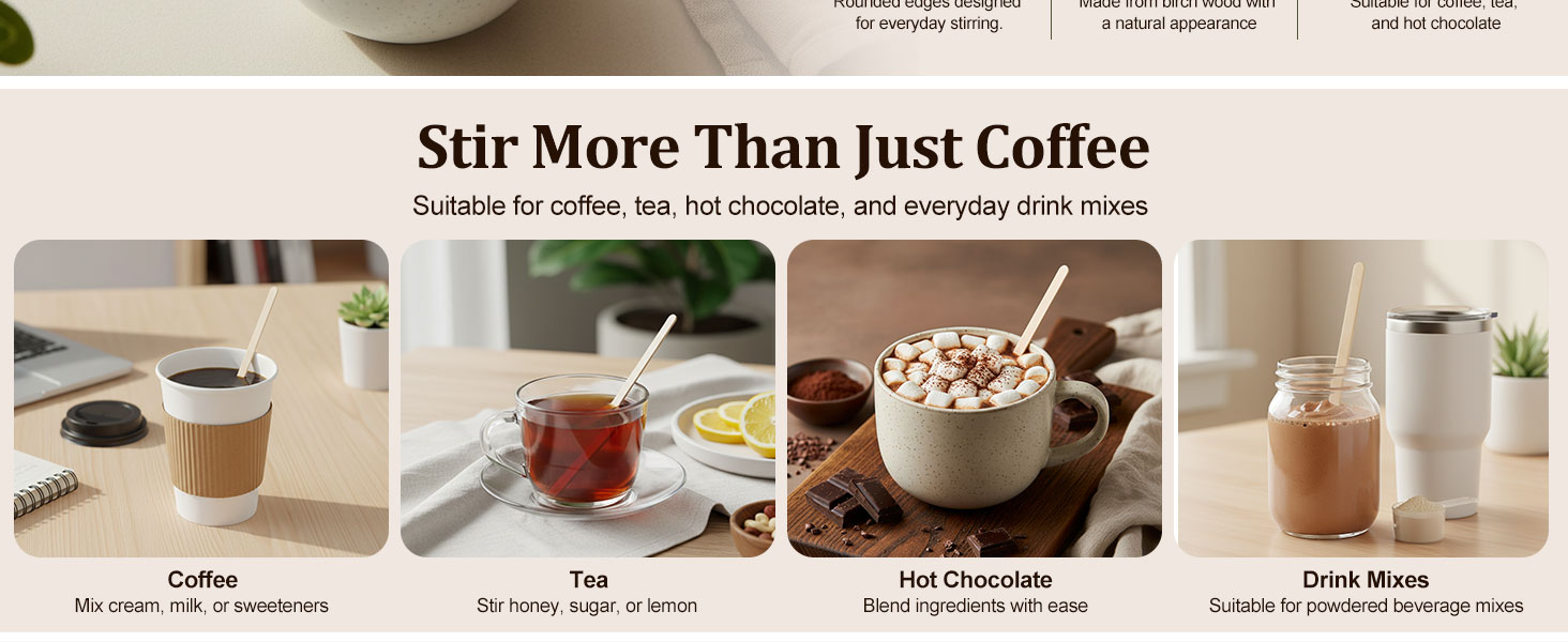 Wooden drink stirrers for coffee, tea, hot chocolate and drink mixes