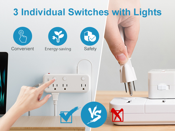 Individual switches let you power devices on/off without unplugging, for convenience