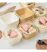 Roppolo 50 Pcs 5 Oz Baking Pans with Clear Lid, 2.5 Inch Kraft Paper Square Cupcake Cups, Mousse ...
