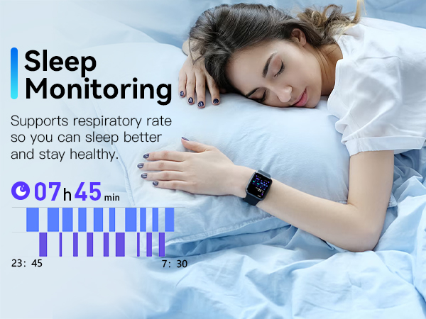 Text reads 'Sleep Monitoring' and '07h45'. Product demonstration showing sleep tracking interface with blue graphs and metrics displayed alongside sleeping user.