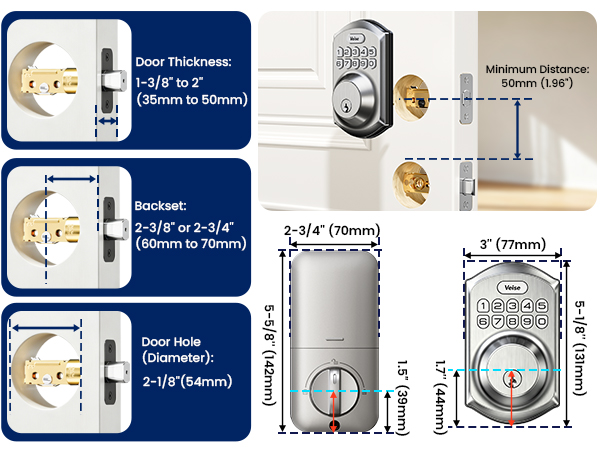 Smart door lock with clear size guide, only suitable for 54mm door holes, easy home installation