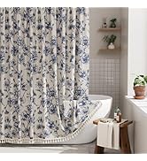 AmazerBath Navy Blue Floral Shower Curtain, Modern Farmhouse Shower Curtain Set with Tassels, Rus...