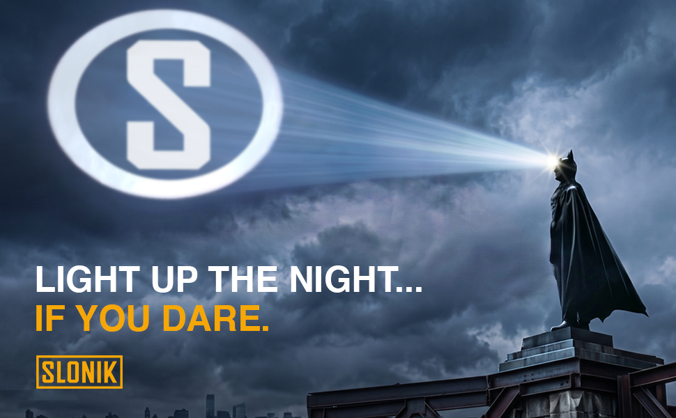 Superhero wearing headlamp projecting slonik brand as if it were the batsignal