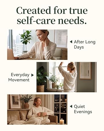 Text reads "Created for true self-care needs," "After Long Days," "Everyday Movement," "Quiet Evenings". Lifestyle product imagery showing woman in various self-care scenarios: at desk, stretching, relaxing in evening settings with indoor plants and home decor.