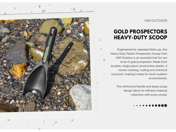 heavy duty plastic gold prospecting scoop lifestyle image with product description text