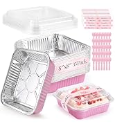 YQER 35 Pack 8x8 Inch Pink Disposable Aluminum Pans with Lids, Spoons, 8 Inch Square Cake Tins Co...