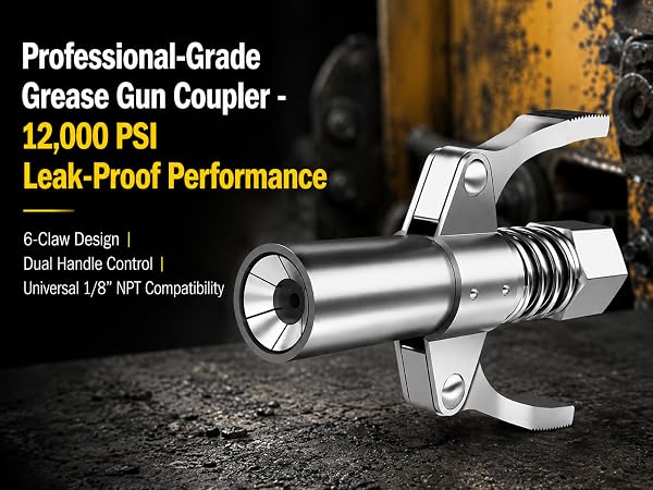 Professional grease gun coupler with 6-claw design and dual handles on industrial background