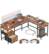 Furologee 66” L Shaped Desk with Power Outlet, Reversible Computer Gaming Desk with File Drawer &...