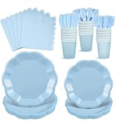 175 Pcs Light Blue Party Plates Cups and Napkins Set, 25 Guest Blue Supplies Include Scalloped Pl...
