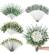 Muhanjia 160Pcs Mixed Artificial Eucalyptus Stems and White Faux Flowers, Big Babys Breath and Eu...