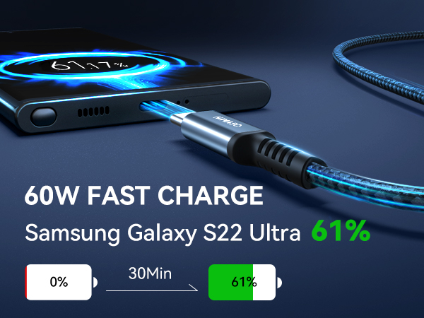 Samsung Galaxy S22 Ultra fast charging demonstration, showing 61% charge in 30 minutes with a 60W charger and glowing blue cable.