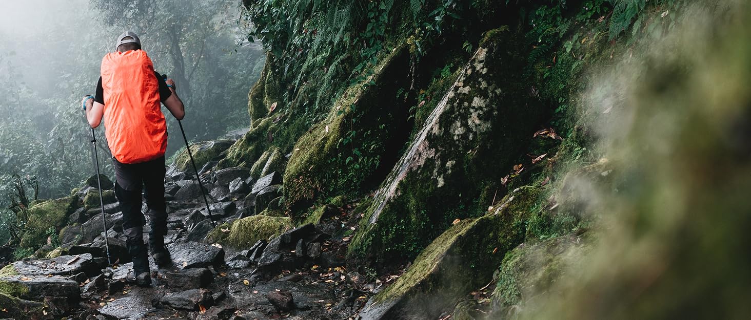 Man hiking through woods.