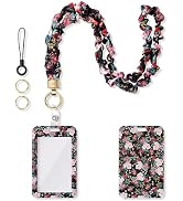WEESMILE Scrunchie Lanyard with ID Holder for Keys (Rose Floral) | Satin Black Rose Print, Stretc...
