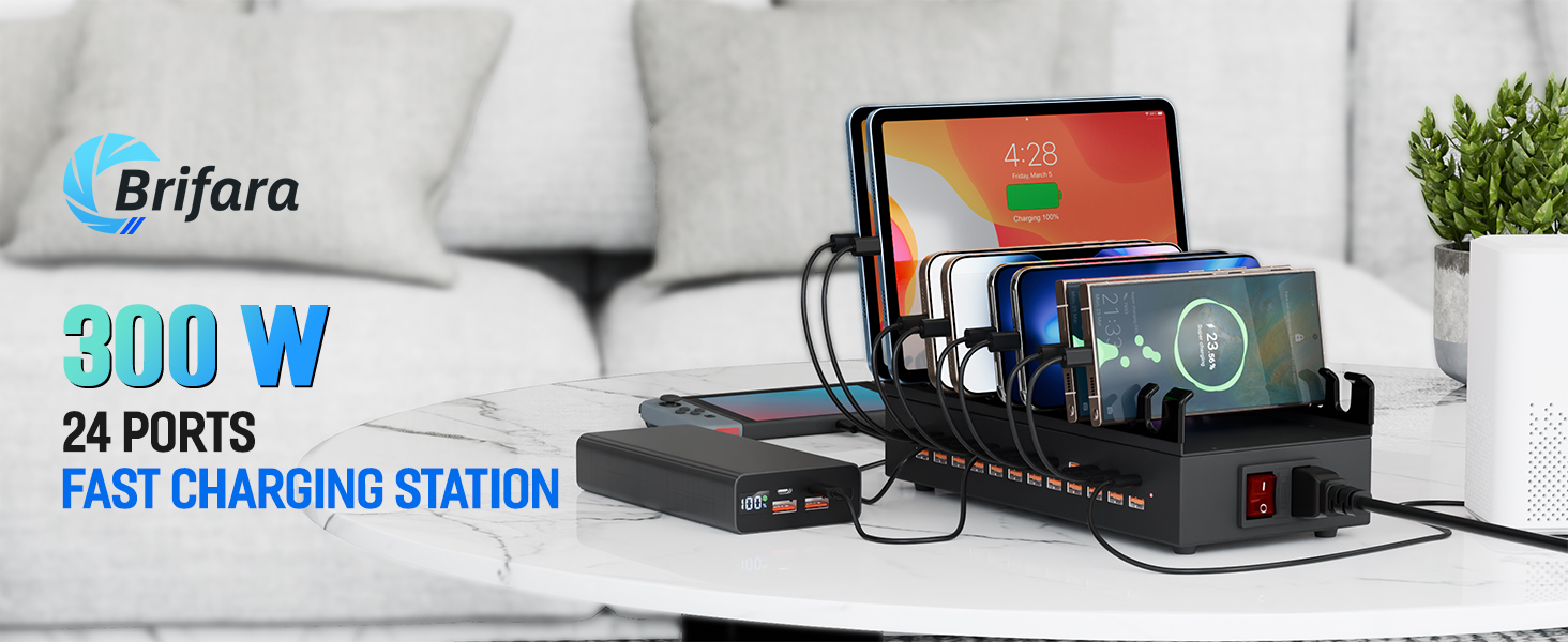 Charging Station for Multiple Devices, 300W 24 Ports USB Charger Block Multiple USB Power Strip