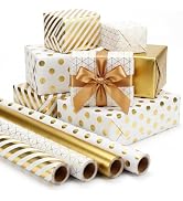 woric 4 Rolls Gold Wrapping Paper, Gold Foil Birthday Wrapping Paper | Stripe Polka Dot Diamond-S...