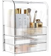 GearFusion 3 Tier Clear Cosmetic Organizer, Makeup Display Case with Lid & Drawers, Countertop Dr...