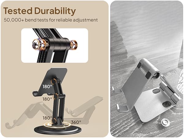 Adjustable phone holder with durability test results, 360-degree rotation, and multiple angle adjustments demonstrated.