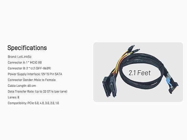 LetLinkSo Gen5 PCIe 5.0 MCIO x8 to U.2 SFF-8639 8i NVMe SSD Connector Adapter Cable