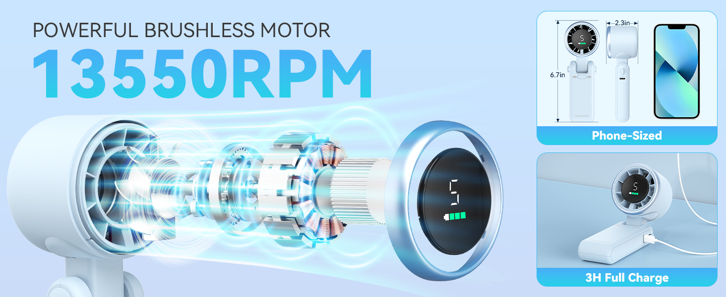 Powerful small fan brushless motor phone sized portable fan for travel compact blue travel fans